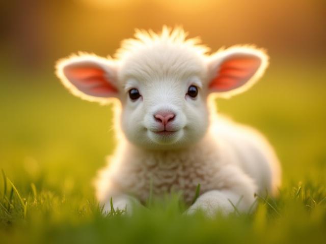 A fluffy white lamb named Luna, gently sitting in a sunlit field