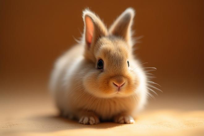 A small, fluffy brown rabbit named Pip, sitting calmly with twitching nose